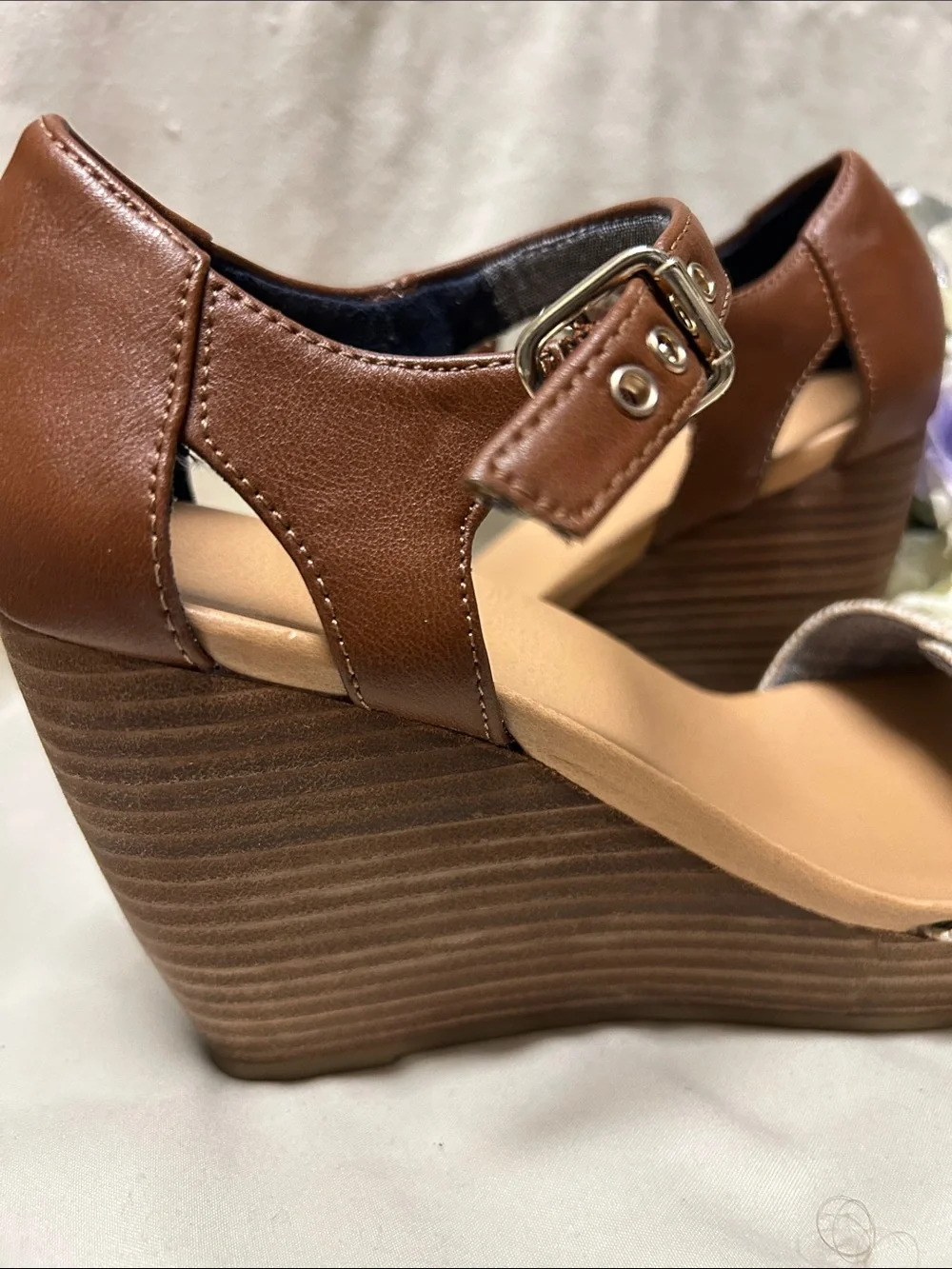 Dr. Scholl's Brown and Tan Wedge Sandals with Buckle Detail